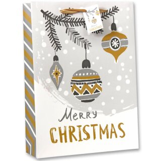 Bambelaa! 12 Stück Merry Christmas Geschenktüten Weihnachten Geschenktaschen Groß Papiertüten Weihnachtstüten 157 g Papier Gold Silber Weiß Matt (Ca. 25x8,5x34 cm)